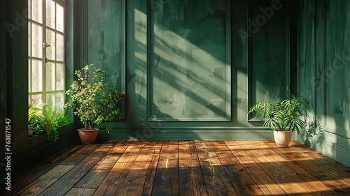 Soft afternoon light in a room with rich green walls and wood floors