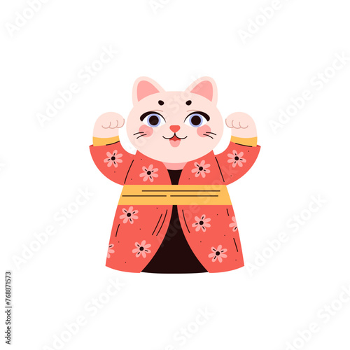 Cute maneki neko cat in kimono with raised paws flat style