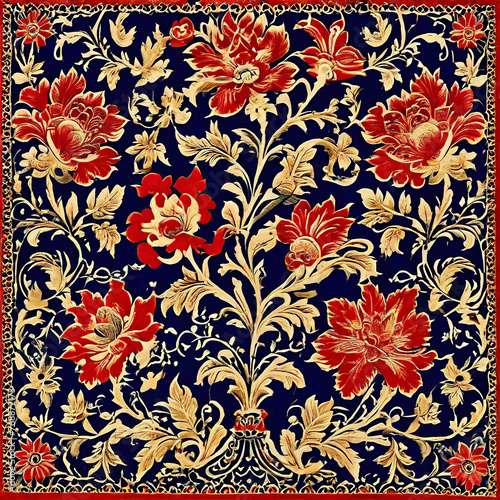 Design a pattern that reflects the hand-painted or block-printed art of Kalamkari. Focus on mythological stories, featuring deities, vines, and flowers, in natural dyes of red, indigo, and mustard.