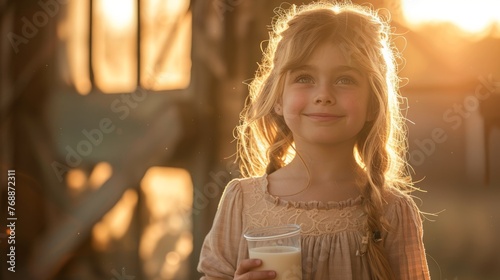 The child  went to the farm is drinking milk in the morning with a happy face.