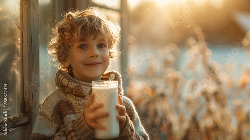 The child  went to the farm is drinking milk in the morning with a happy face.