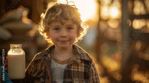 The child  went to the farm is drinking milk in the morning with a happy face.