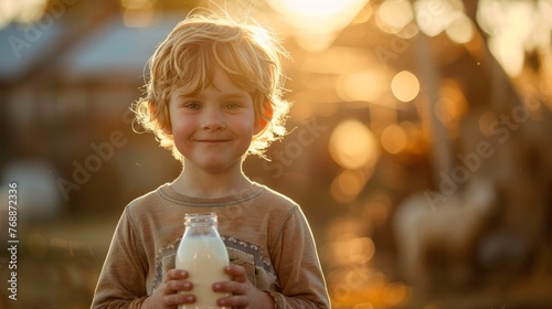 The child  went to the farm is drinking milk in the morning with a happy face.