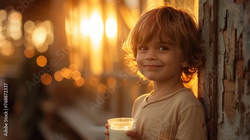 The child  went to the farm is drinking milk in the morning with a happy face.