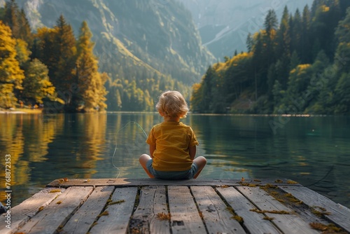 A young boy enjoys the beauty of nature on the shore of a calm lake. © Iryna