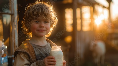 The child  went to the farm is drinking milk in the morning with a happy face.