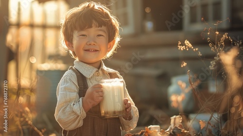 The child  went to the farm is drinking milk in the morning with a happy face.