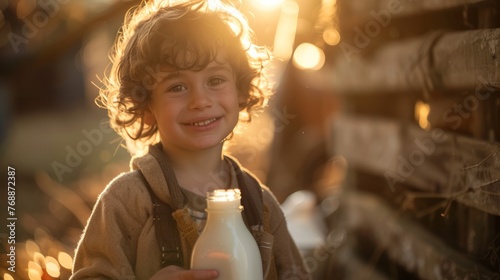 The child  went to the farm is drinking milk in the morning with a happy face.