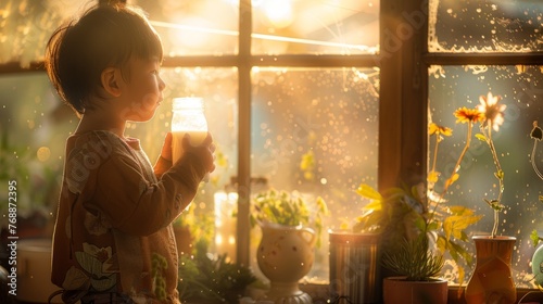 The child  went to the farm is drinking milk in the morning with a happy face.