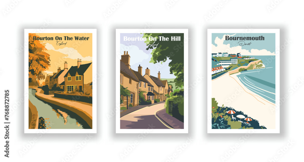 Bournemouth, Dorset. Bourton On The Hill, England. Bourton On The Water, England - Set of 3 Vintage Travel Posters. Vector illustration. High Quality Prints