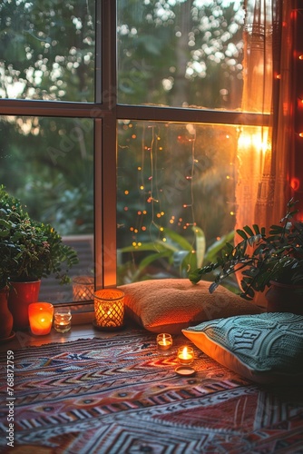Meditation corner at home, candles and cushions, personal sanctuary, soft morning light , vibrant photo