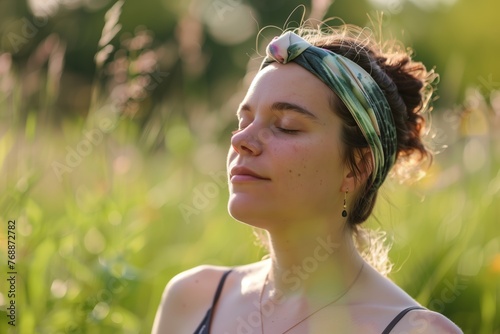 yoga practitioner in a headband meditating outdoors photo