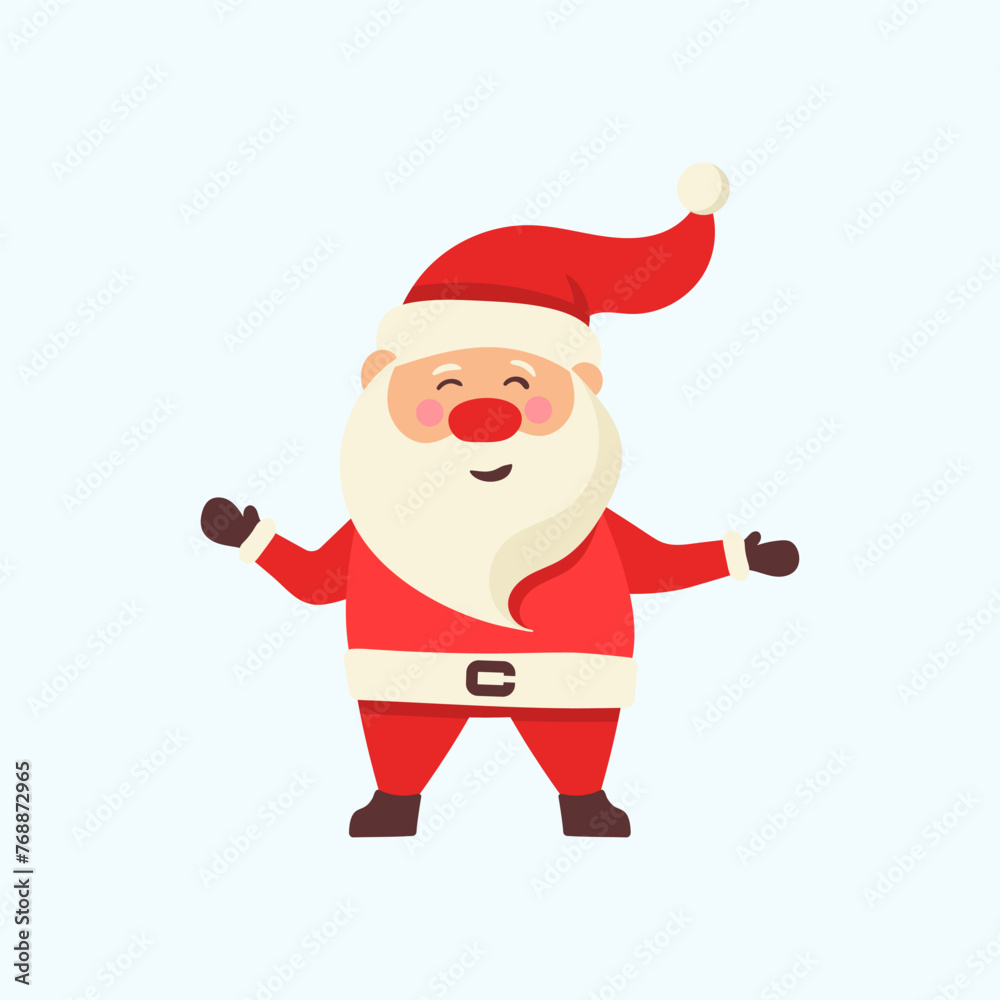 Cartoon vector illustration of Santa Claus and a decorated Christmas tree with gifts. Winter holidays design elements isolated on white. Funny and cute retro character. For New Year cards, banners