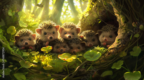 A whimsical scene of cute hedgehogs huddled together in a mystical, sunbeam-lit forest clearing