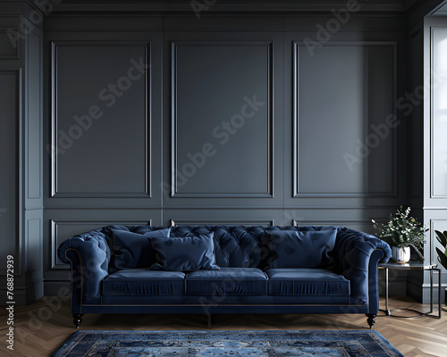 Dark blue living room interior with sofa, classic modern interior