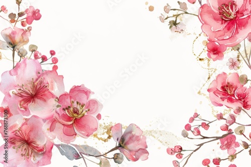 Cute pink floral frame border with golden line  in the watercolor style  white background Generative AI