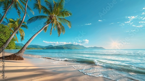 Clear blue sky arches over a tropical beach with palm trees