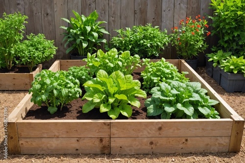 Raised bed homegrown vegetable garden in wooden planter boxes with companion plants to ward off pests and diseases.