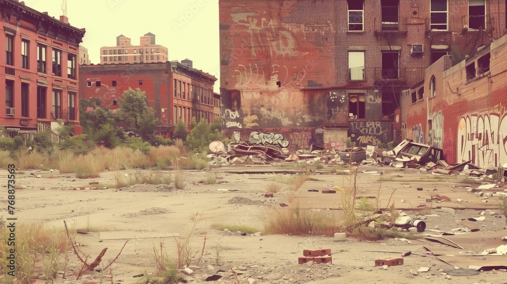 Obraz premium Abandoned urban site with overgrown vegetation and graffiti