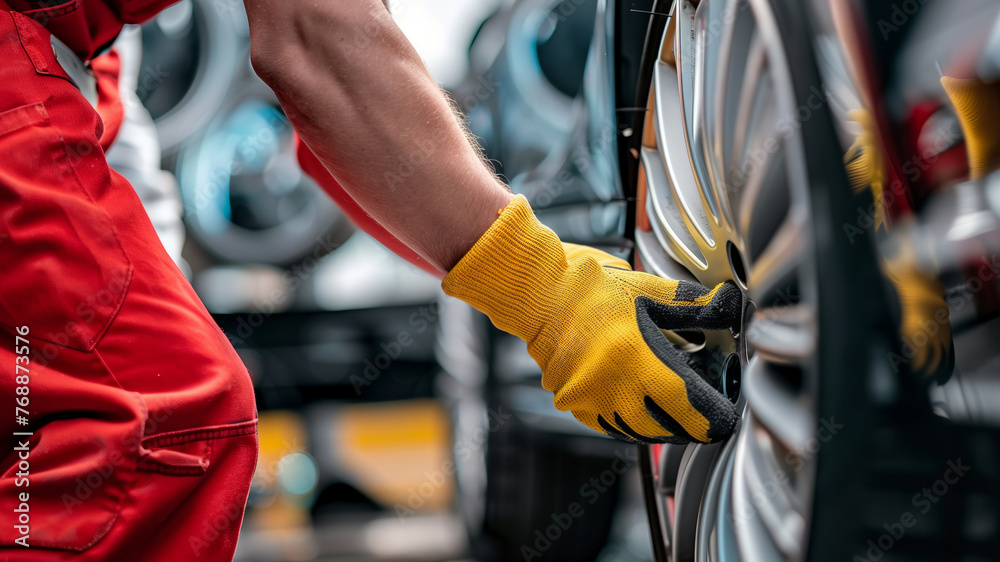 Obraz premium A mechanic is changing the wheels in his workshop, with a close-up on gloved hands holding tools