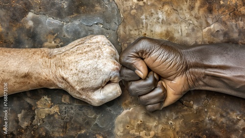 Two fists bumping, diversity and unity concept