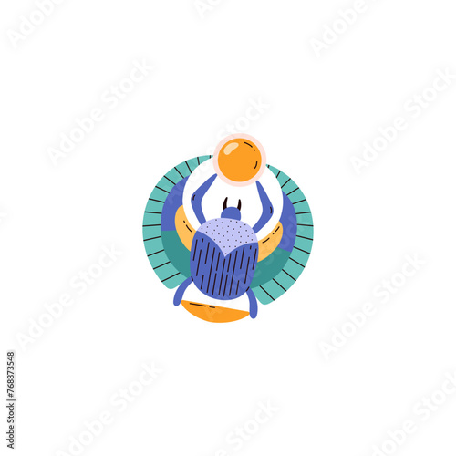 Scarab beetle with decorative wings and sun disc, vector cartoon ancient Egyptian mythology bug beetle creature symbol