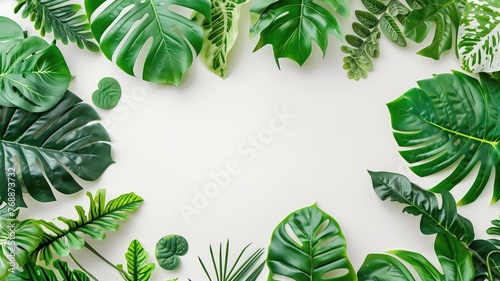 Tropical leaves framing a white central copy space