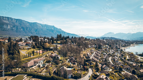 Fototapeta Naklejka Na Ścianę i Meble -  Discovery of Aix-Les-Bains, Lake Bourget and Revard with an aerial view by drone, landscape and mountains of Savoie, tourism in France