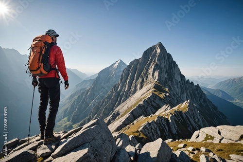 Low angle view of mountaineer standing on peak of rocky cliff