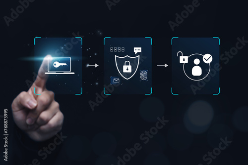 Fotografie Multiple factor authentication MFA method using portable devices to protect data and account on internet data security concept, businessman finger touching secure computer technology graphics icon
