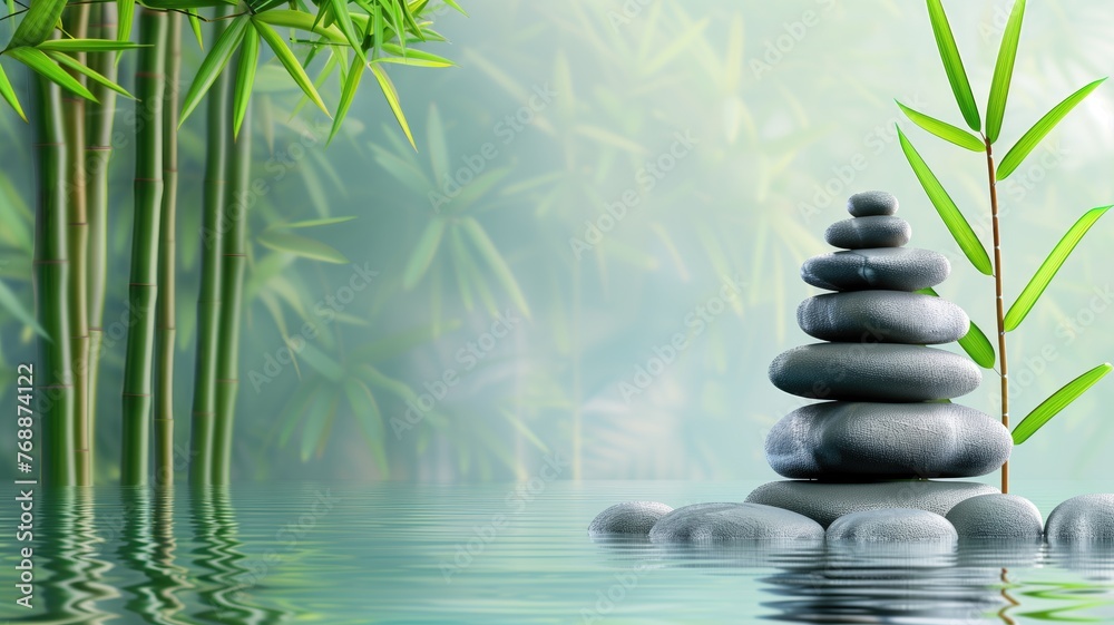 Naklejka premium Zen stone stack by a bamboo grove with a calm water reflection