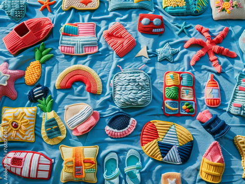 Knitted fabric with a summer theme pattern consisting of stitched in patches related to summer vacation items.  photo