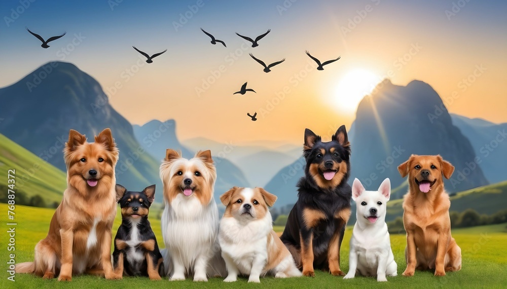 International dog day with cute dogs  including Yorkshire dogs and domestic dogs are standing and looking front behind them mountains background with having birds shiny sky with a sun