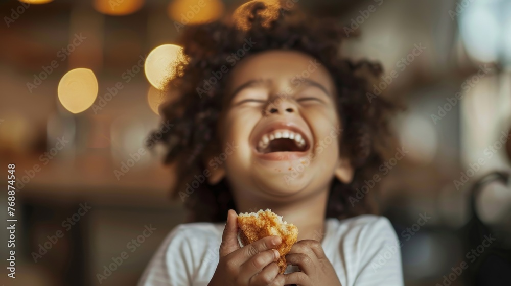 A child savoring a delicious bite of food, their eyes closed in pure enjoyment A child savoring a delicious bite of food, their eyes closed in pure enjoyment
