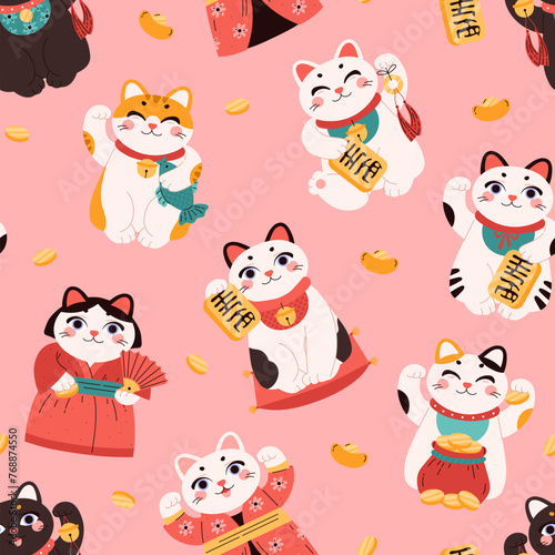 Seamless vector pattern with Japanese Maneki Neko, cartoon lucky cat wealth symbol holds an amulets, eastern culture