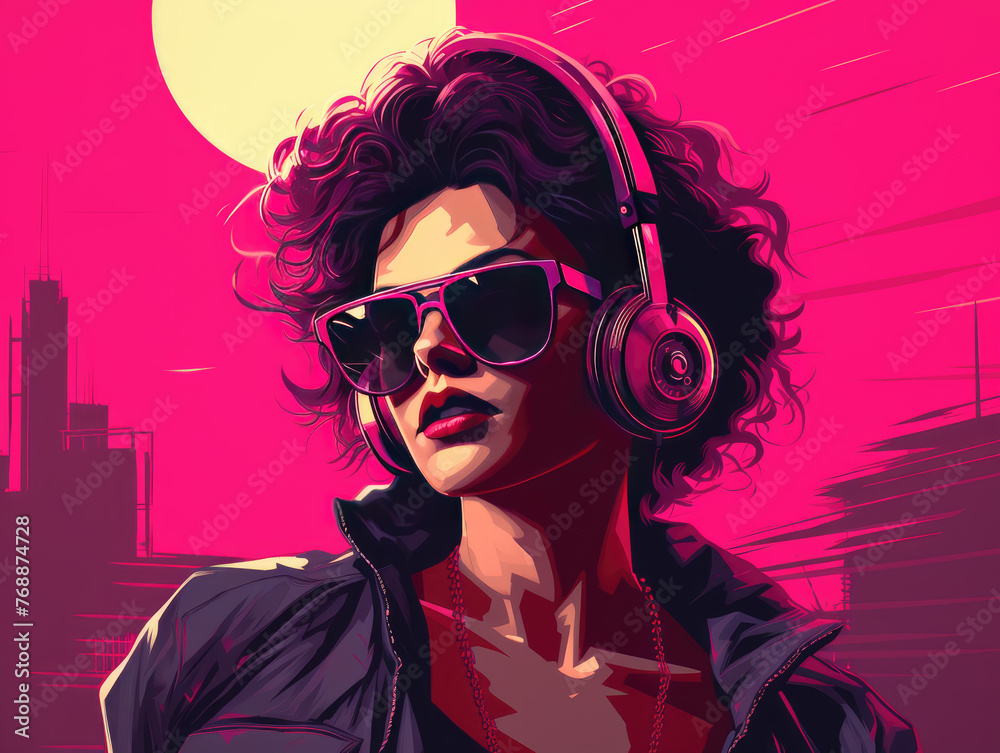 Young woman wearing headphones and sunglasses, listening boombox music on a dark pink magenta background. Vibrant pop art retro style, 1980s, cranberrycore.