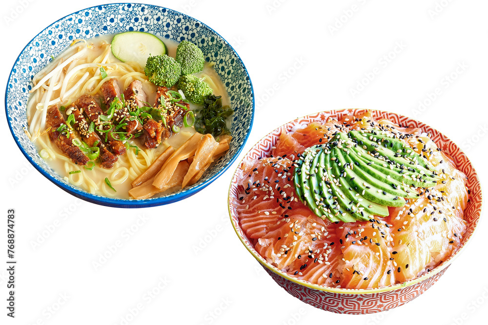 Green Handmade bowl of salmon and avocado on black shist