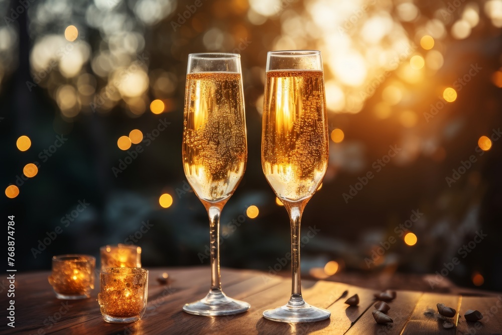 glasses of champagne over blur spots lights background. glasses of champagne over blur spots lights background.