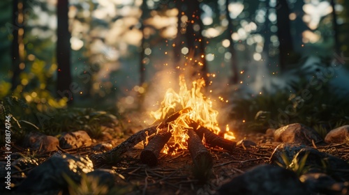 A close-up photo of a campfire crackling merrily against a backdrop of towering trees. photo