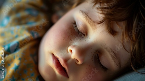 A close-up child's soft, sleeping face, their breath gently puffing out their pajamas photo