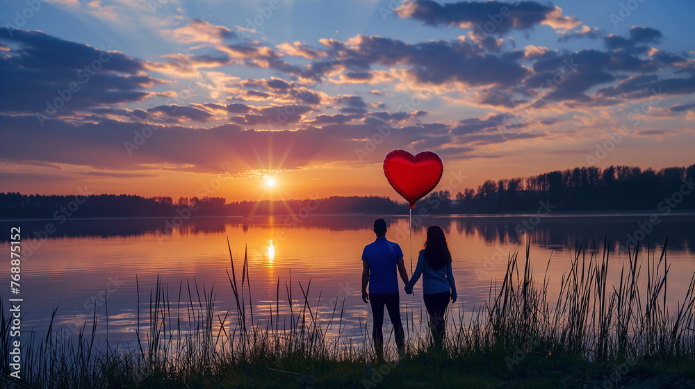 Couple with heart-shaped balloons, beautiful sky at dawn, tranquil lake scenery, romantic early morning