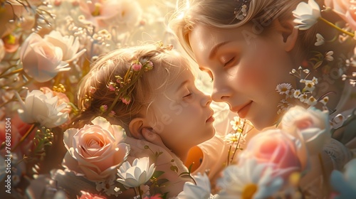 Tender Embrace of a Mother s Love A Digital of a Heartfelt Moment Surrounded by Blooming Flowers