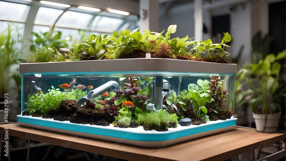 A closeup of futuristic aquaponics setup, with sleek and modern design and veriety of exotic plants and fish.