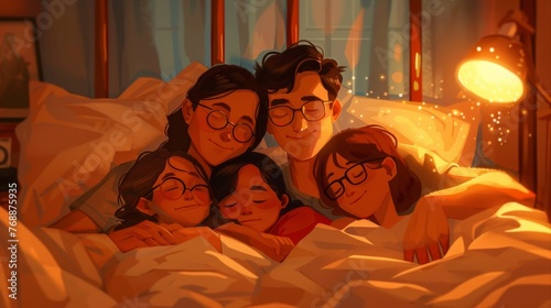 A heartwarming illustration of a family cuddled together in bed, all peacefully asleep