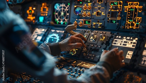 An engineer's hands meticulously calibrate avionics amidst illuminated control panels in a spacecraft cockpit photo