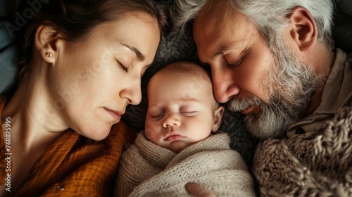 A baby nestled between a brown-haired mother and a white-haired father, all fast asleep