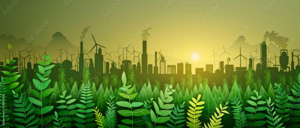 A conceptual eco-friendly cityscape with a multitude of green plants and renewable energy sources like wind turbines.