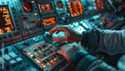 An engineer's hands meticulously calibrate avionics amidst illuminated control panels in a spacecraft cockpit