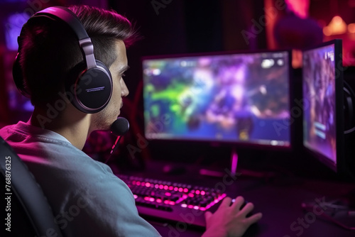 Professional esports player taking part in team competition gamer space neon light Generative AI picture © Tetiana