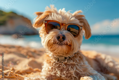 Dog in sunglasses on the beach, playful puppy by the sea, happy holiday vibes